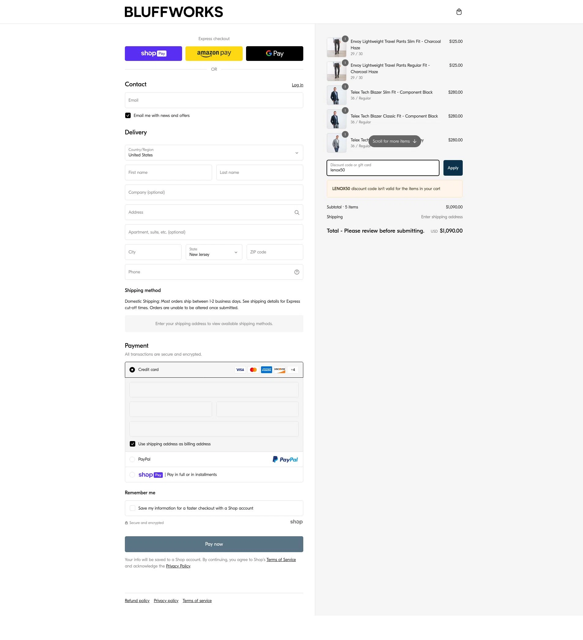Bluffworks checkout page showing Bluffworks discount code box | Screenshot taken by SimplyCodes community member on Feb 23, 2025