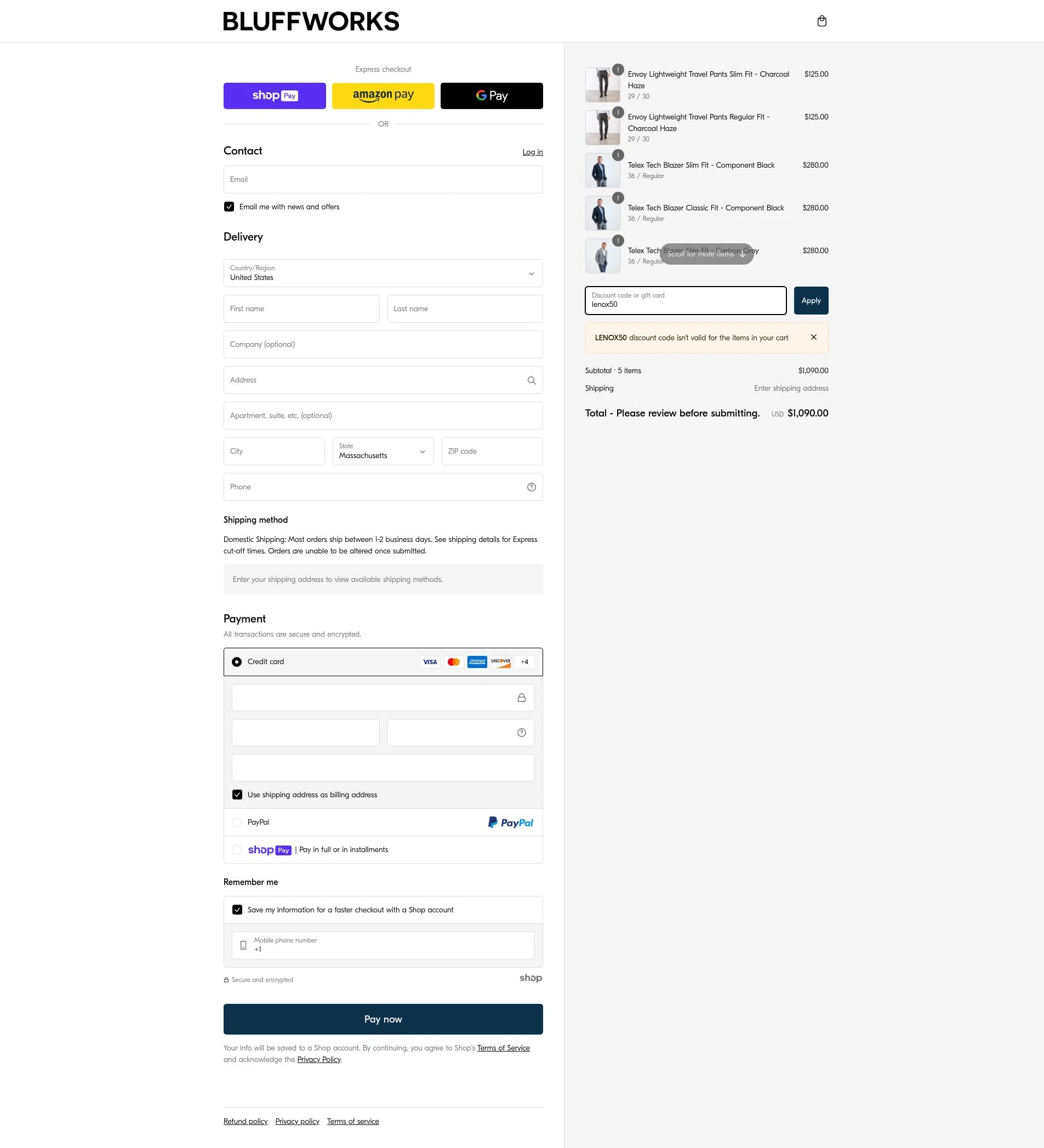 Bluffworks checkout page showing Bluffworks discount code box | Screenshot taken by SimplyCodes community member on Feb 12, 2025