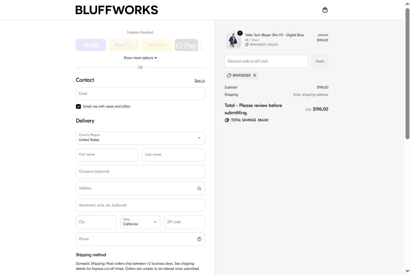 Bluffworks checkout page showing Bluffworks discount code box | Screenshot taken by SimplyCodes community member on Oct 7, 2025