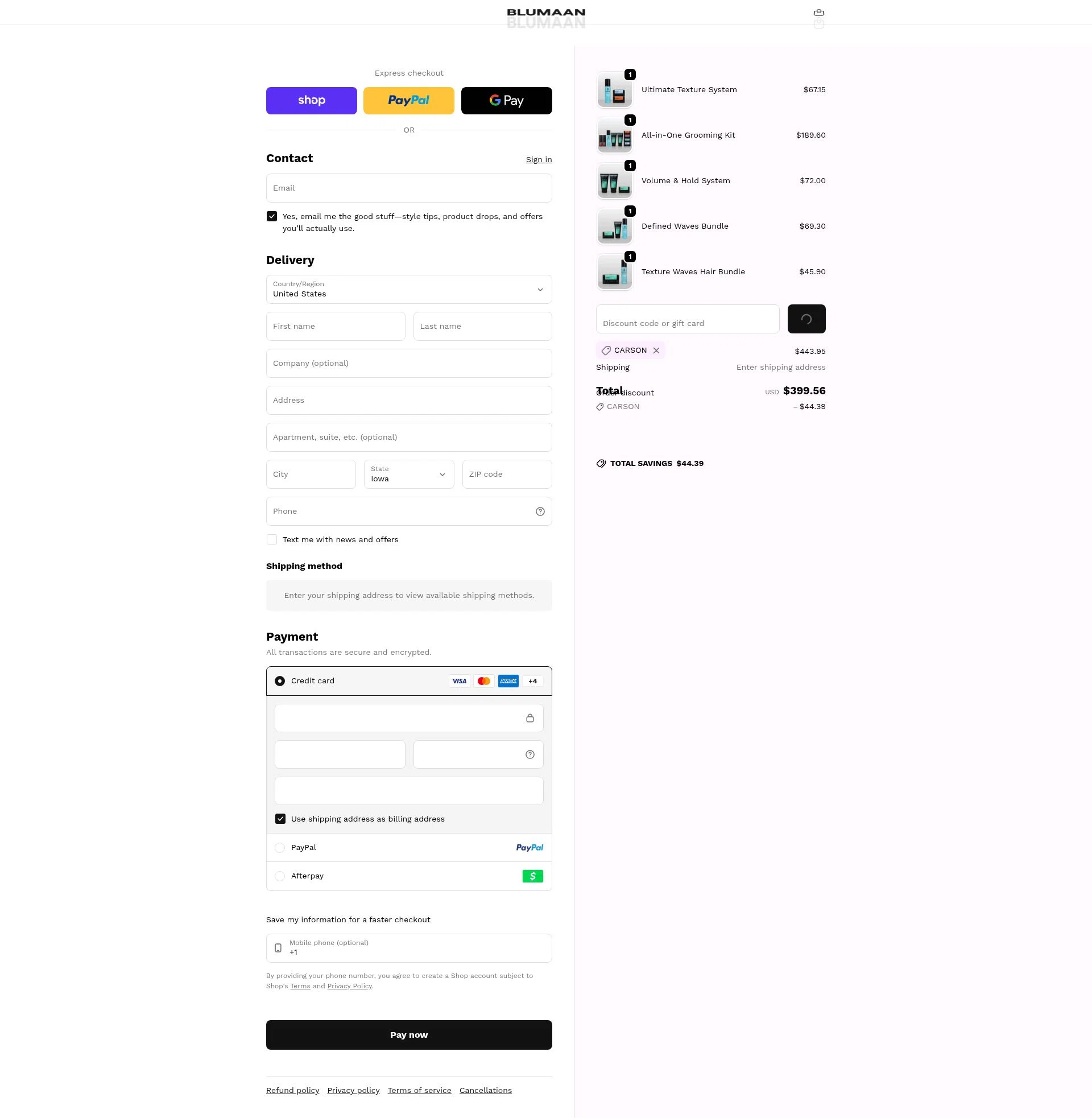 BluMaan checkout page showing BluMaan discount code box | Screenshot taken by SimplyCodes community member on Feb 12, 2026