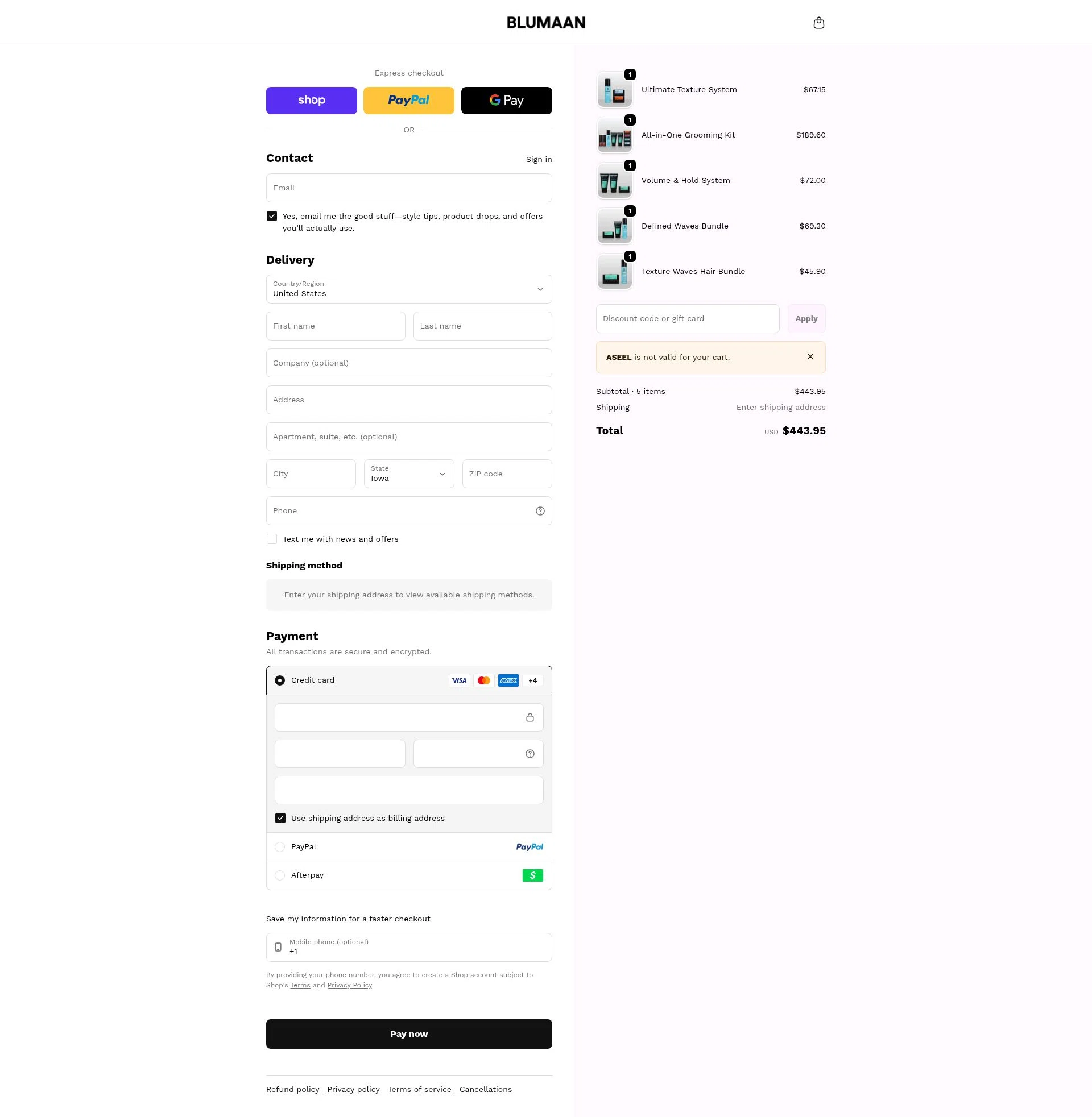 BluMaan checkout page showing BluMaan discount code box | Screenshot taken by SimplyCodes community member on Feb 12, 2026
