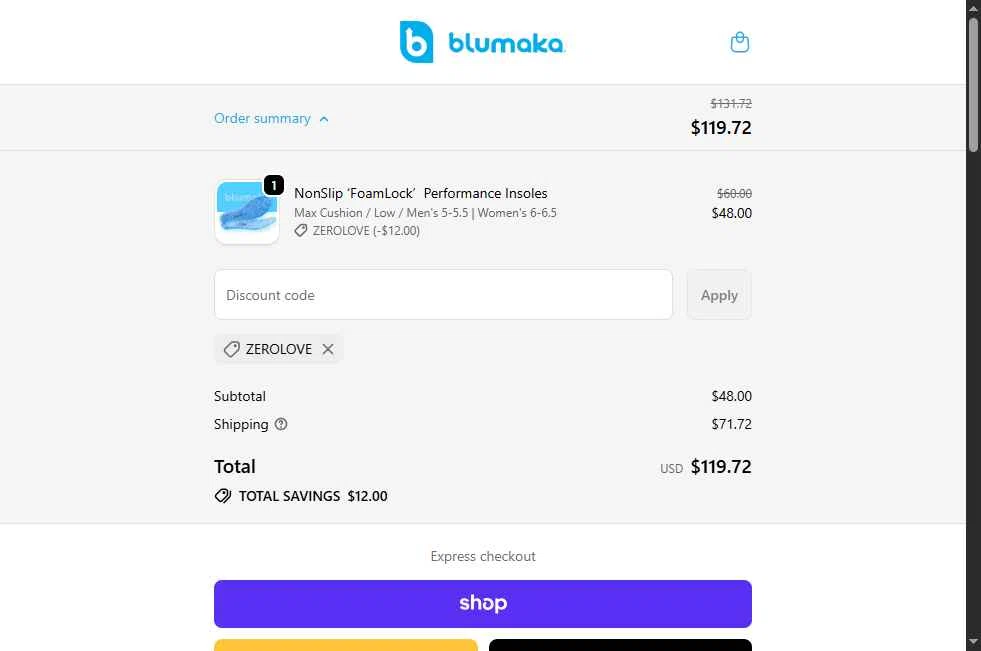 Blumaka checkout page showing Blumaka promo code box | Screenshot taken by SimplyCodes community member on Nov 4, 2025