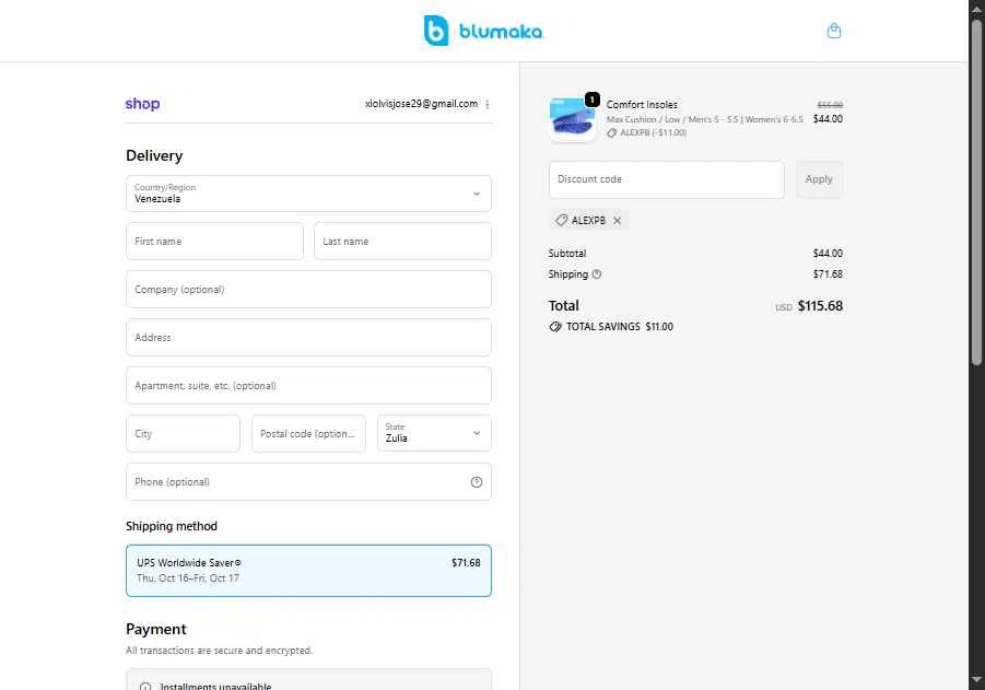Blumaka checkout page showing Blumaka promo code box | Screenshot taken by SimplyCodes community member on Oct 2, 2025