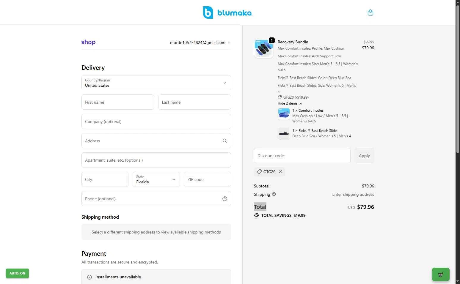 Blumaka checkout page showing Blumaka promo code box | Screenshot taken by SimplyCodes community member on Nov 4, 2025