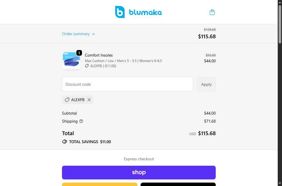 Blumaka checkout page showing Blumaka promo code box | Screenshot taken by SimplyCodes community member on Oct 2, 2025