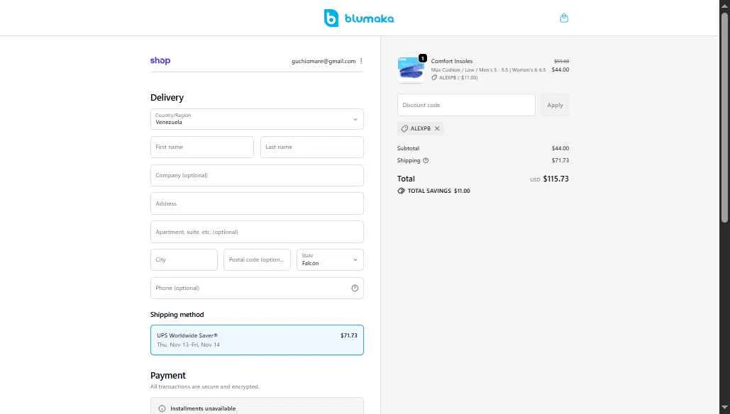 Blumaka checkout page showing Blumaka promo code box | Screenshot taken by SimplyCodes community member on Oct 31, 2025