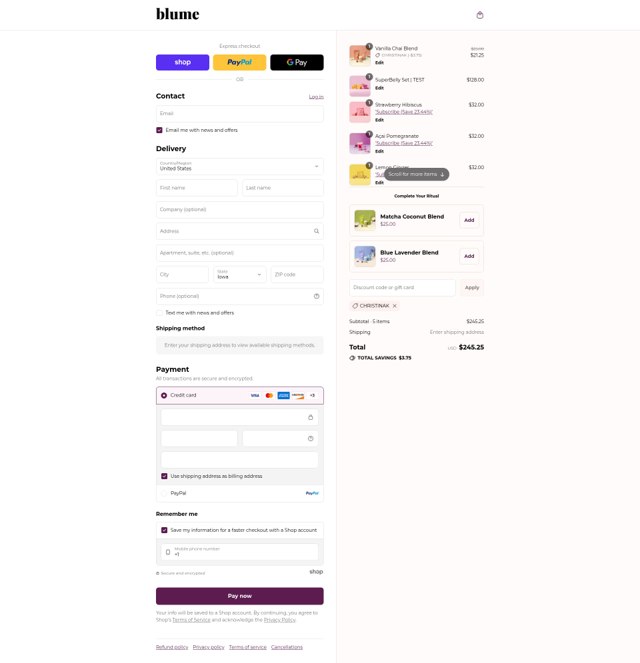 Blume Blend checkout page showing Blume Blend promo code box | Screenshot taken by SimplyCodes community member on Sep 6, 2025