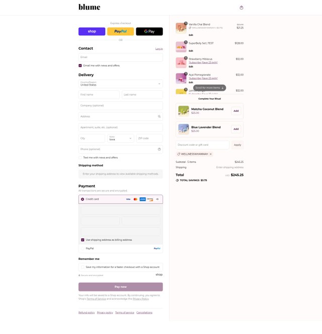 Blume Blend checkout page showing Blume Blend promo code box | Screenshot taken by SimplyCodes community member on Sep 6, 2025