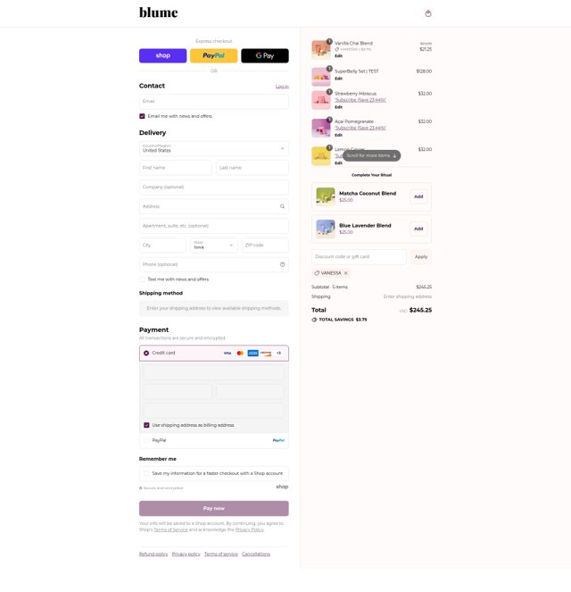 Blume Blend checkout page showing Blume Blend promo code box | Screenshot taken by SimplyCodes community member on Sep 6, 2025