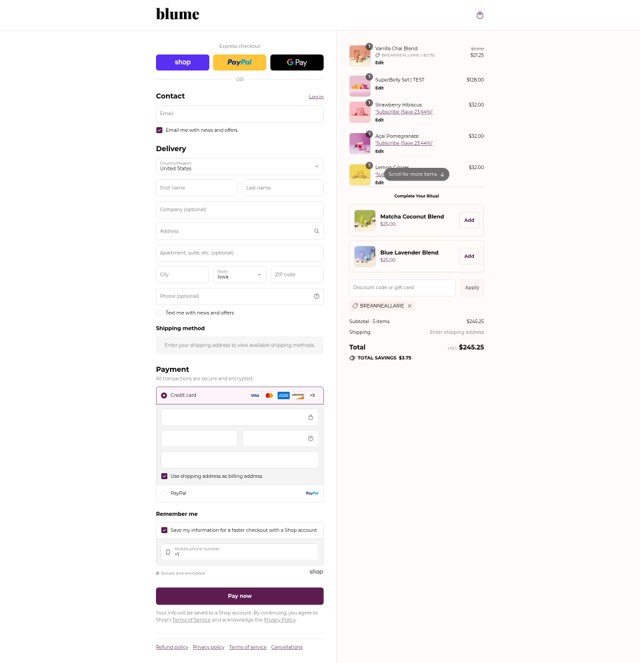 Blume Blend checkout page showing Blume Blend promo code box | Screenshot taken by SimplyCodes community member on Sep 6, 2025