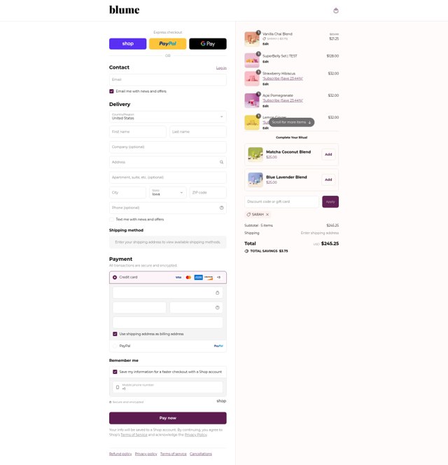 Blume Blend checkout page showing Blume Blend promo code box | Screenshot taken by SimplyCodes community member on Sep 6, 2025