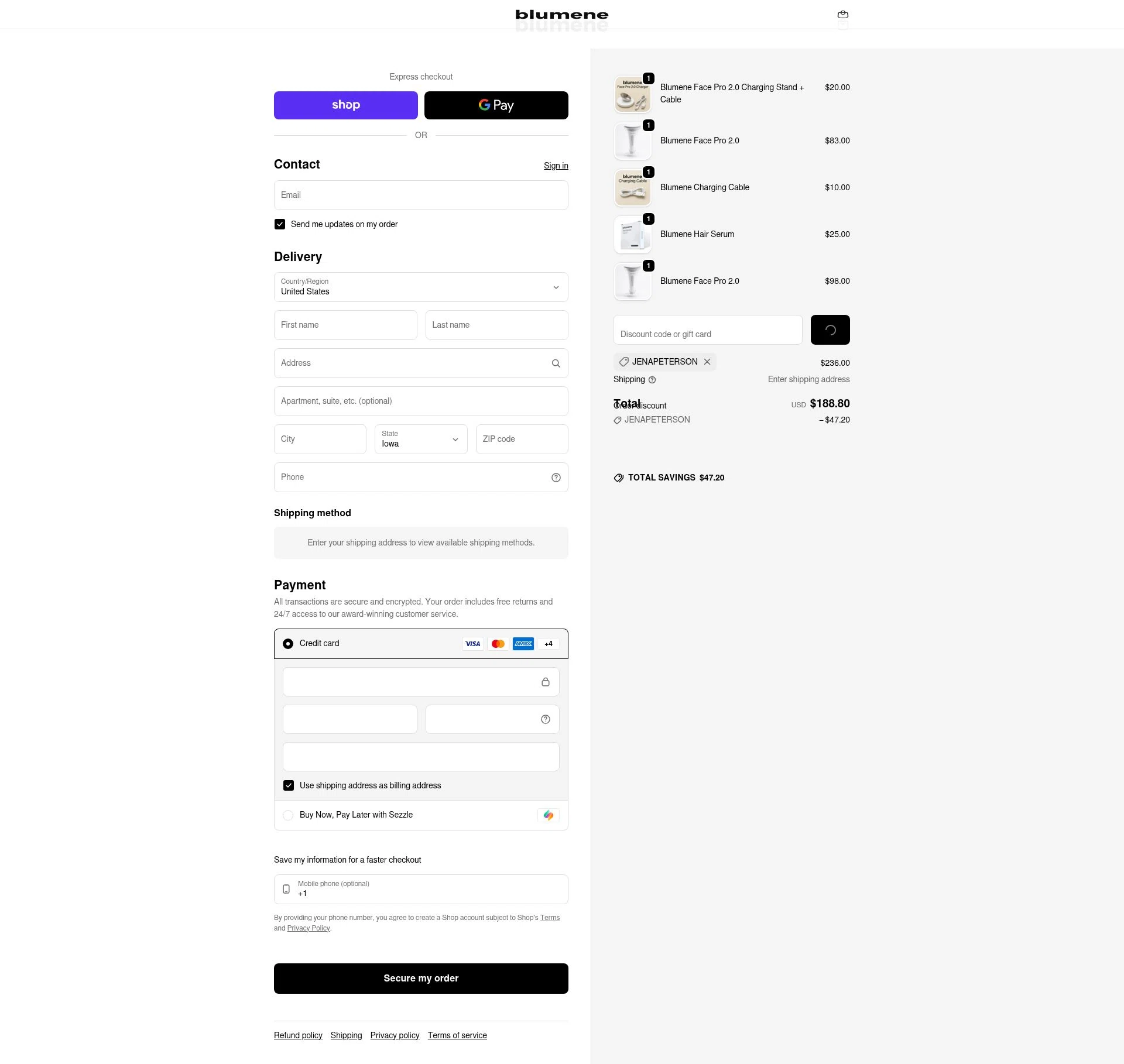 blumene checkout page showing blumene discount code box | Screenshot taken by SimplyCodes community member on Feb 18, 2026