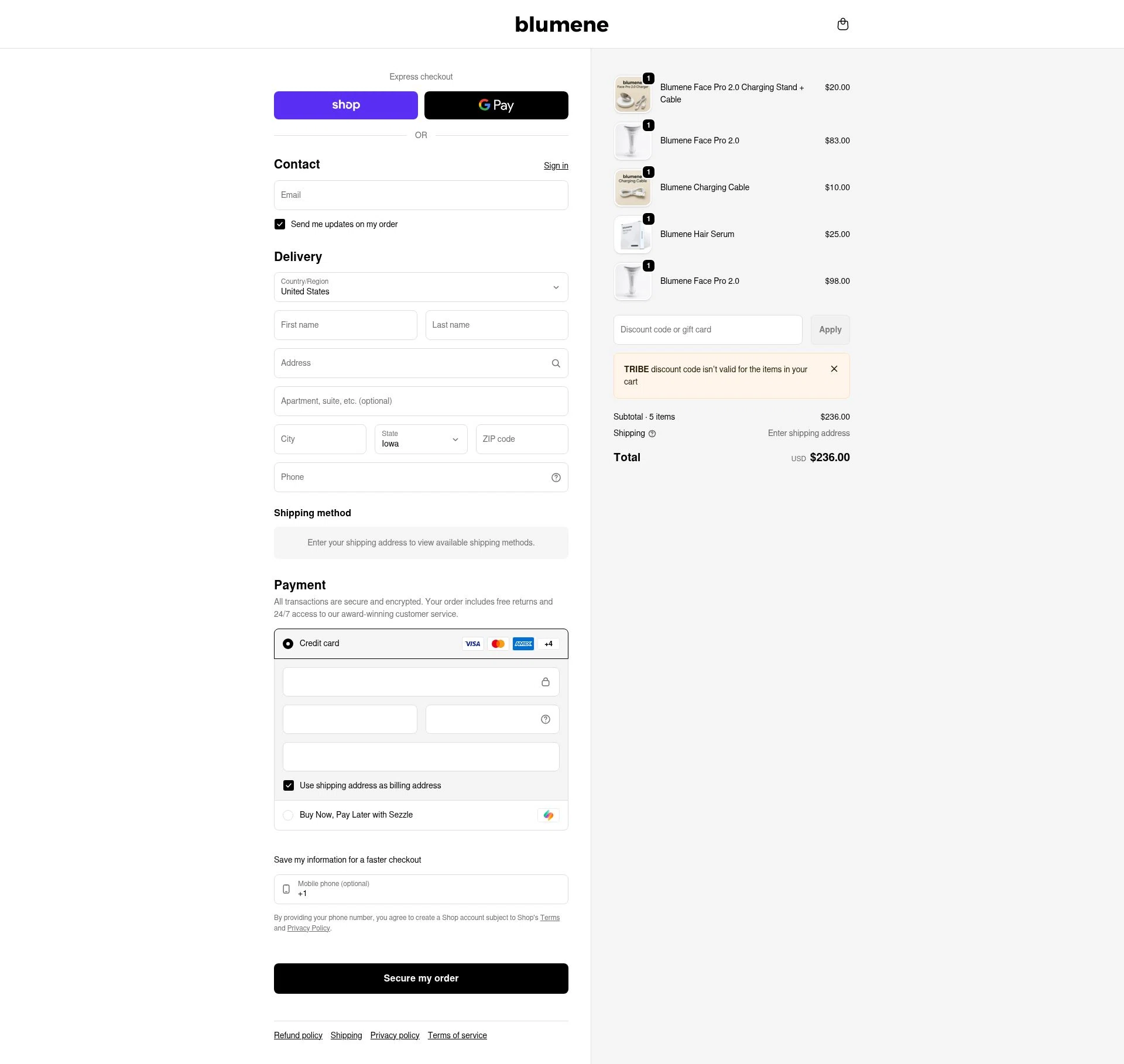 blumene checkout page showing blumene discount code box | Screenshot taken by SimplyCodes community member on Feb 18, 2026