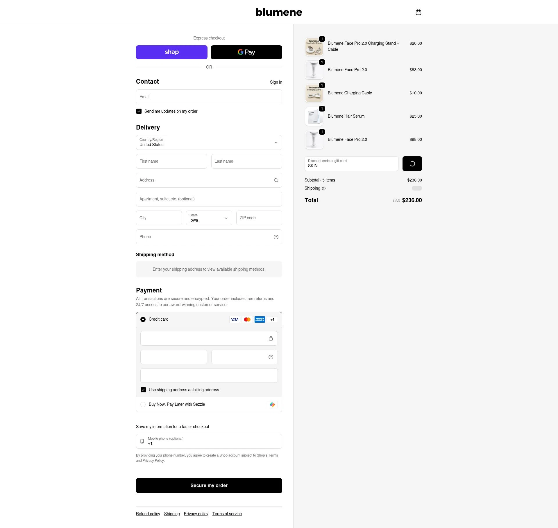blumene checkout page showing blumene discount code box | Screenshot taken by SimplyCodes community member on Feb 18, 2026