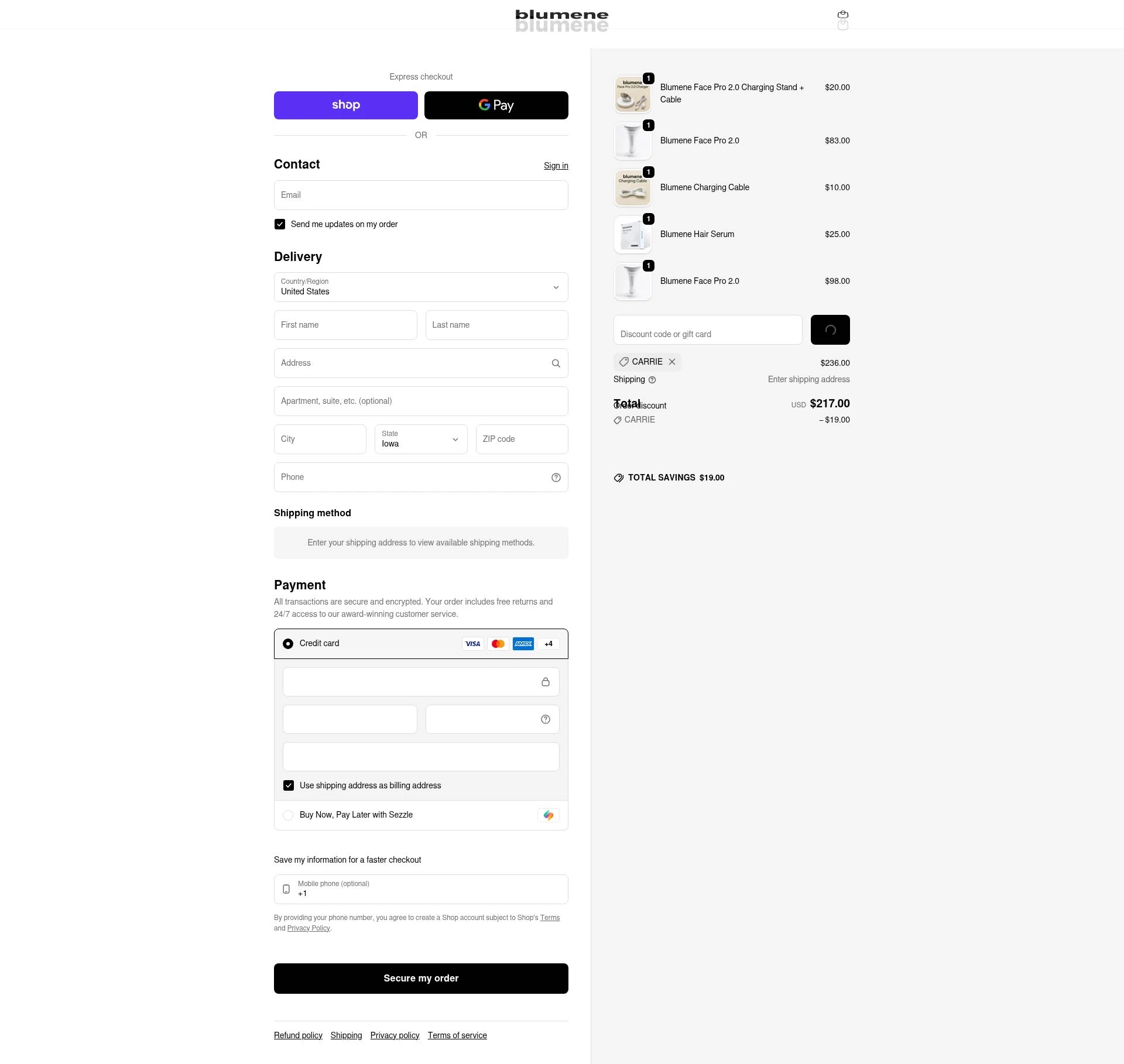 blumene checkout page showing blumene discount code box | Screenshot taken by SimplyCodes community member on Feb 18, 2026