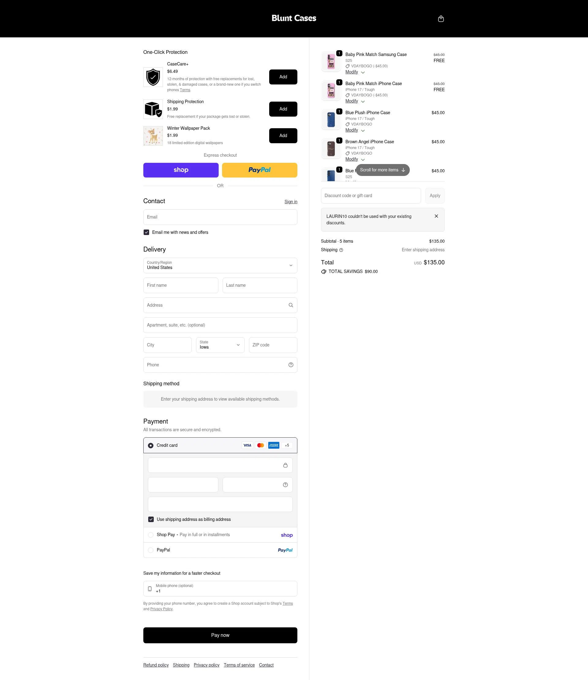 Blunt Cases checkout page showing Blunt Cases discount code box | Screenshot taken by SimplyCodes community member on Feb 13, 2026