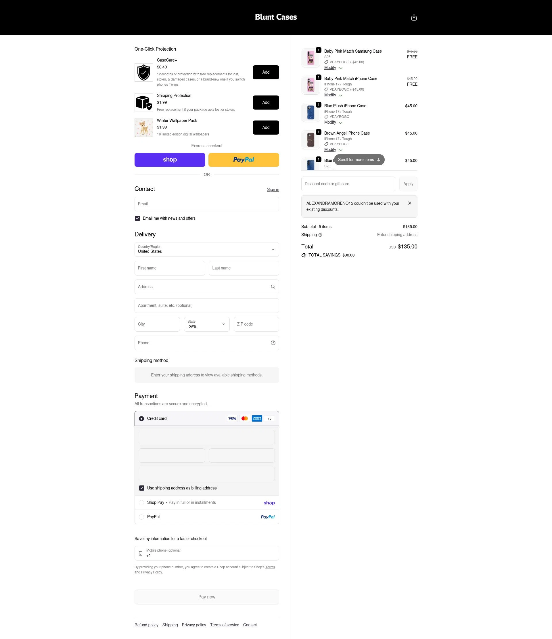 Blunt Cases checkout page showing Blunt Cases discount code box | Screenshot taken by SimplyCodes community member on Feb 13, 2026