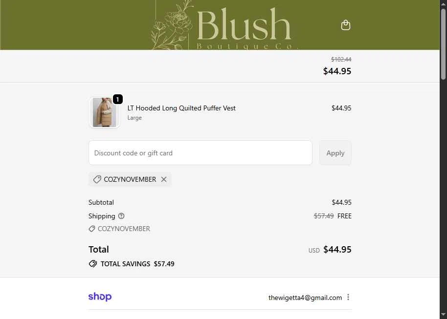 Blush Boutique Colorado checkout page showing Blush Boutique Colorado promo code box | Screenshot taken by SimplyCodes community member on Oct 31, 2025