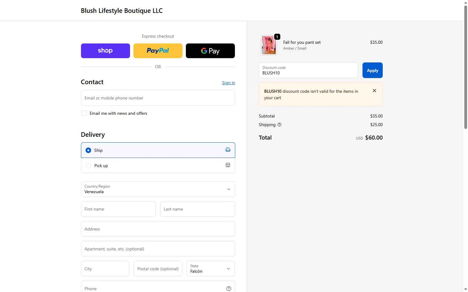 Blush lifestyle Boutique checkout page showing Blush lifestyle Boutique promo code box | Screenshot taken by SimplyCodes community member on Nov 9, 2025