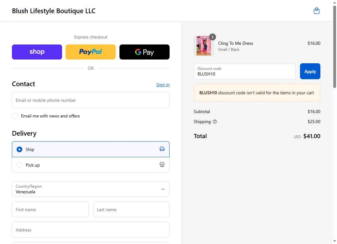 Blush lifestyle Boutique checkout page showing Blush lifestyle Boutique promo code box | Screenshot taken by SimplyCodes community member on Sep 12, 2025
