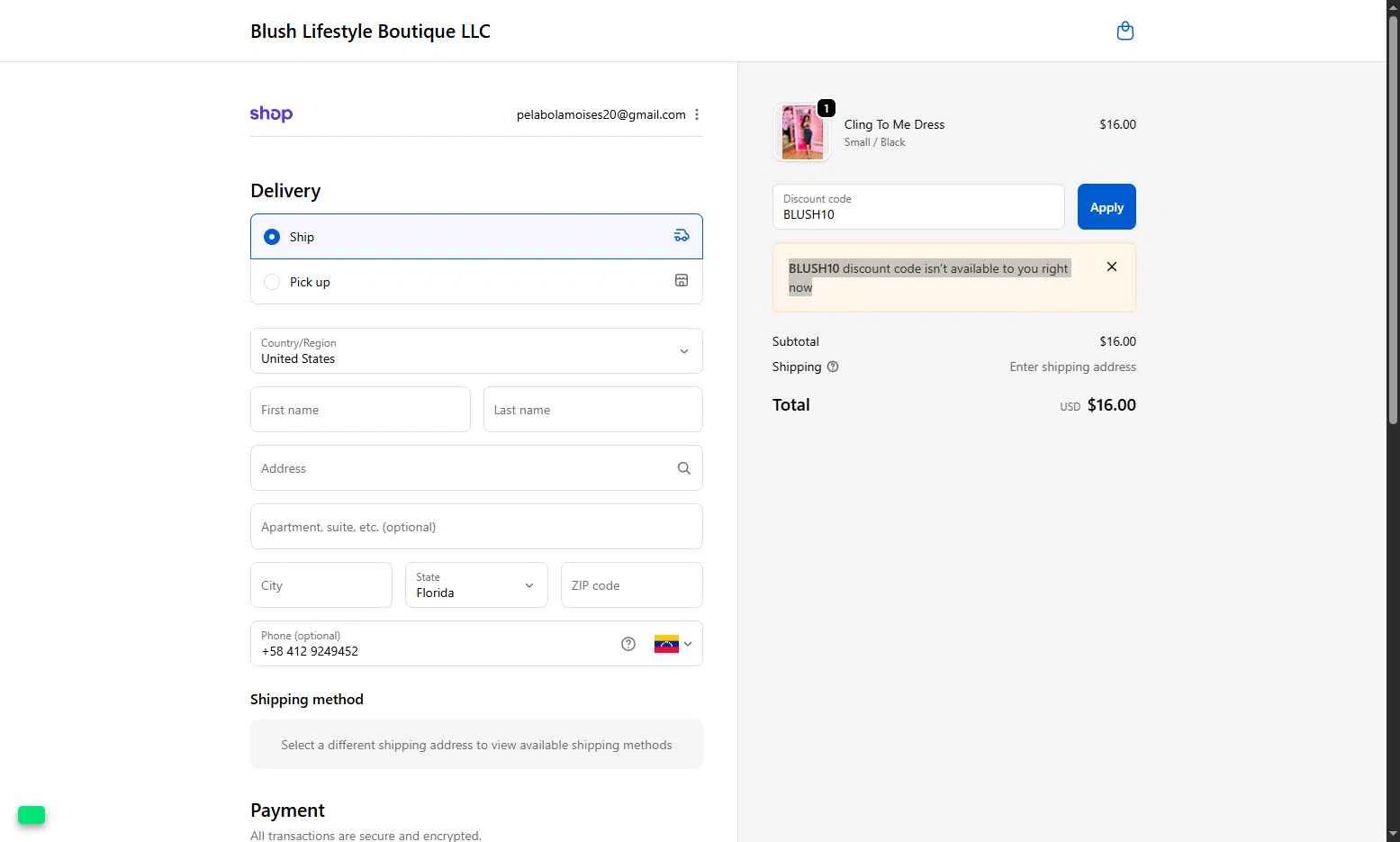 Blush lifestyle Boutique checkout page showing Blush lifestyle Boutique promo code box | Screenshot taken by SimplyCodes community member on Dec 8, 2025