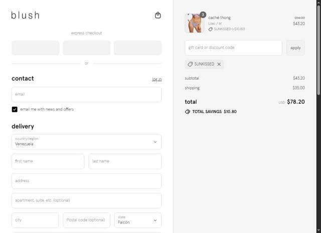 Blush Lingerie checkout page showing Blush Lingerie discount code box | Screenshot taken by SimplyCodes community member on Aug 29, 2025