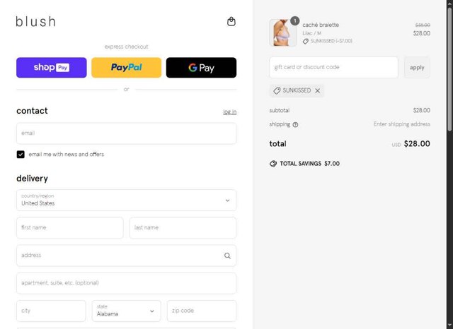 Blush Lingerie checkout page showing Blush Lingerie discount code box | Screenshot taken by SimplyCodes community member on Jun 13, 2025