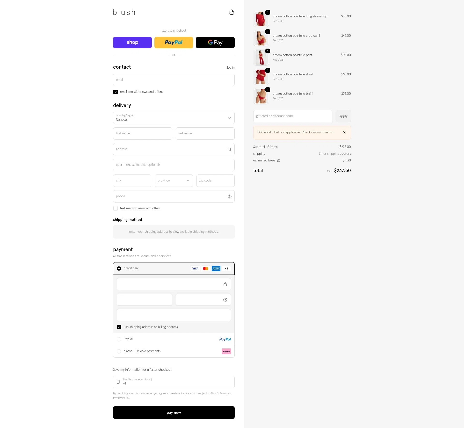 Blush Lingerie checkout page showing Blush Lingerie discount code box | Screenshot taken by SimplyCodes community member on Jan 16, 2026