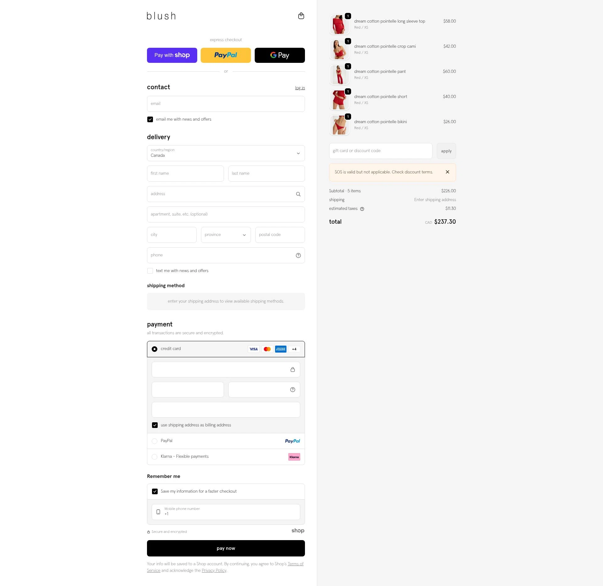 Blush Lingerie checkout page showing Blush Lingerie discount code box | Screenshot taken by SimplyCodes community member on Jan 11, 2026