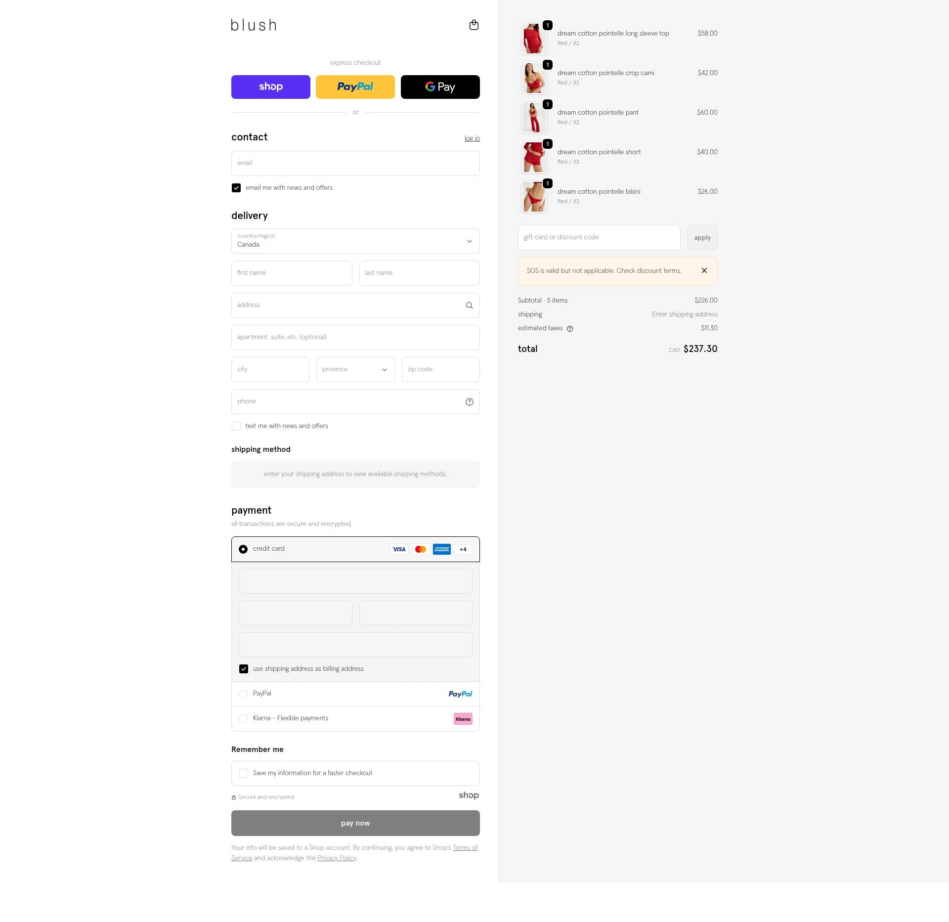 Blush Lingerie checkout page showing Blush Lingerie discount code box | Screenshot taken by SimplyCodes community member on Jan 21, 2026
