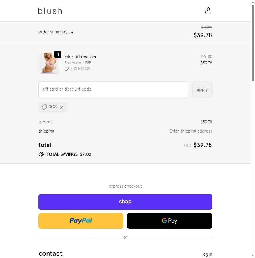 Blush Lingerie checkout page showing Blush Lingerie discount code box | Screenshot taken by SimplyCodes community member on Dec 27, 2025