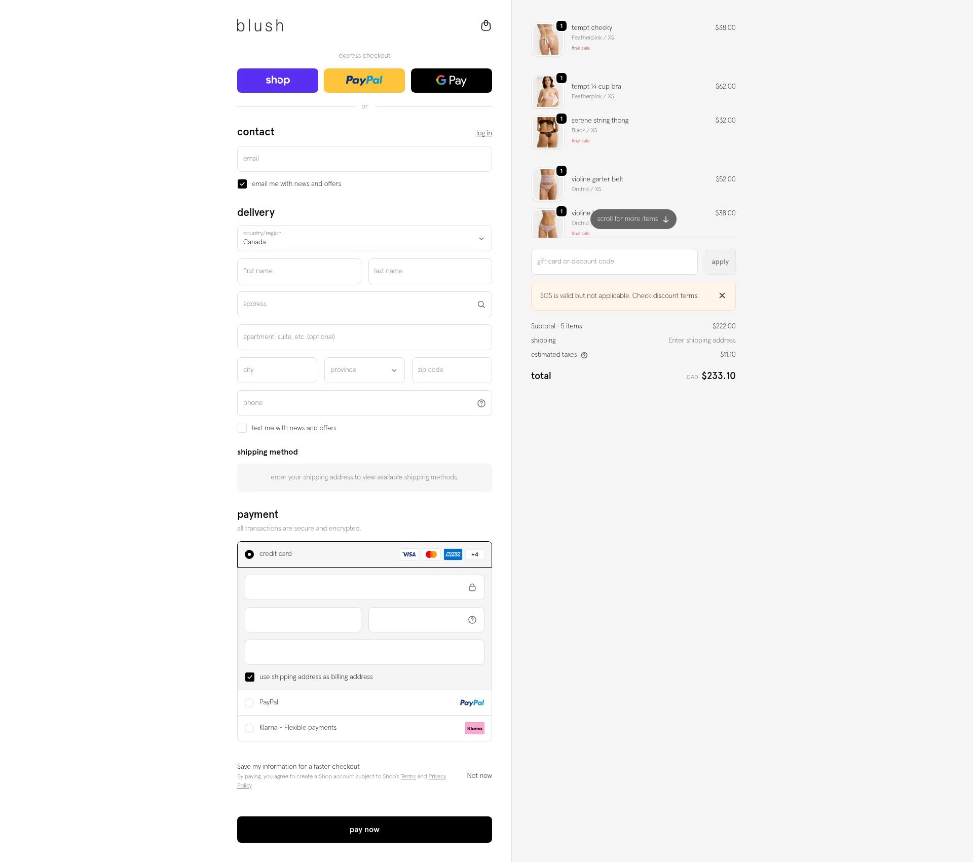 Blush Lingerie checkout page showing Blush Lingerie discount code box | Screenshot taken by SimplyCodes community member on Feb 16, 2026