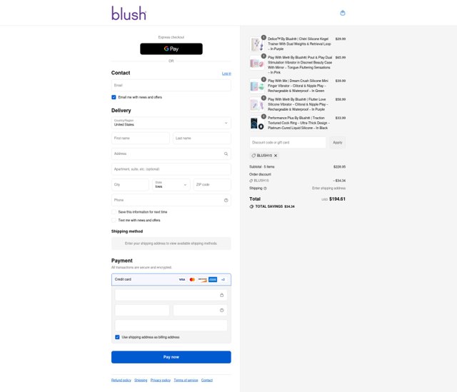 Blush Vibe checkout page showing Blush Vibe discount code box | Screenshot taken by SimplyCodes community member on Sep 2, 2025