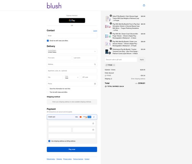 Blush Vibe checkout page showing Blush Vibe discount code box | Screenshot taken by SimplyCodes community member on Sep 2, 2025