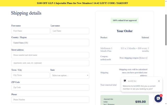 bmiMD checkout page showing bmiMD coupon code box | Screenshot taken by SimplyCodes community member on Jul 26, 2025