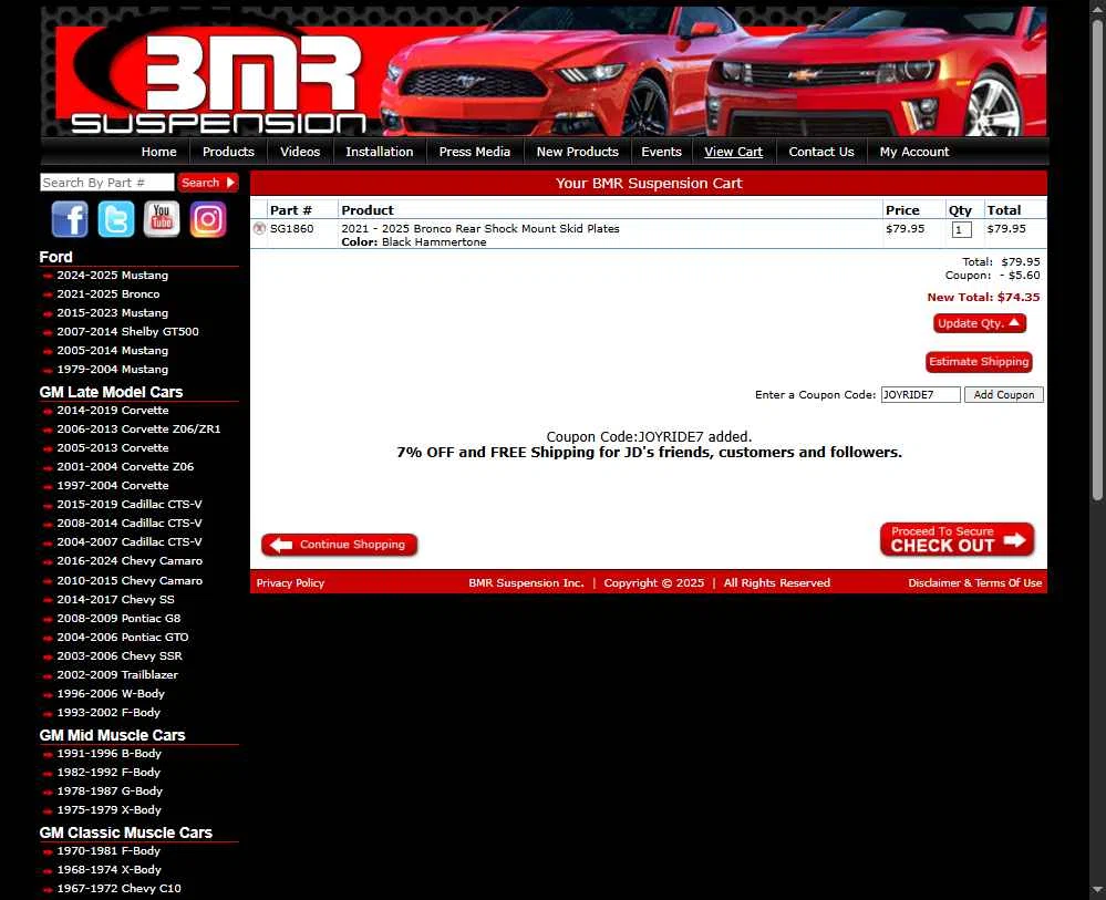 BMR Suspension checkout page showing BMR Suspension discount code box | Screenshot taken by SimplyCodes community member on Jan 5, 2026