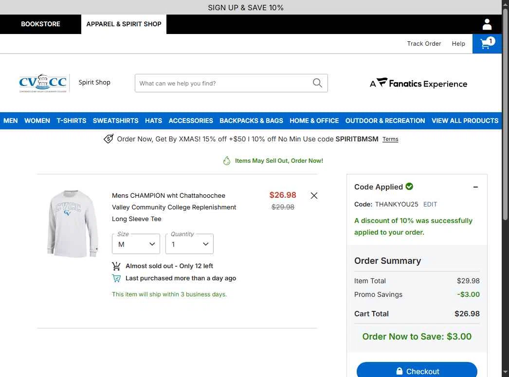 Barnes & Noble College checkout page showing Barnes & Noble College promo code box | Screenshot taken by SimplyCodes community member on Dec 10, 2025