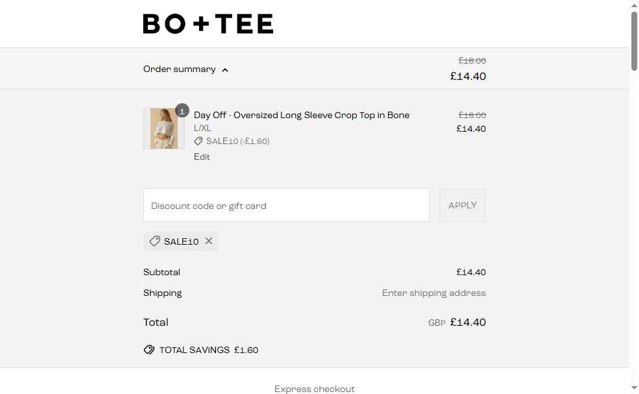 Bo and Tee checkout page showing Bo and Tee discount code box | Screenshot taken by SimplyCodes community member on Apr 25, 2025