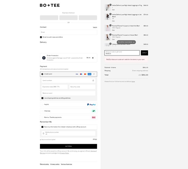 Bo and Tee checkout page showing Bo and Tee discount code box | Screenshot taken by SimplyCodes community member on Apr 25, 2025