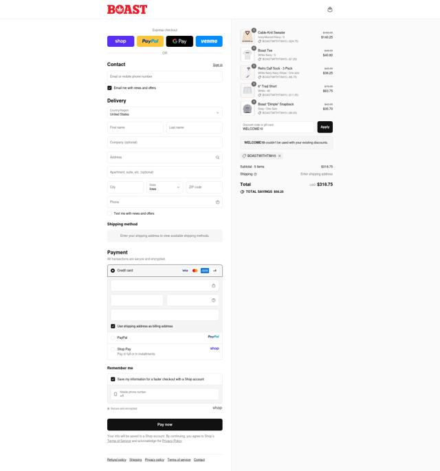 Boast checkout page showing Boast promo code box | Screenshot taken by SimplyCodes community member on Sep 10, 2025