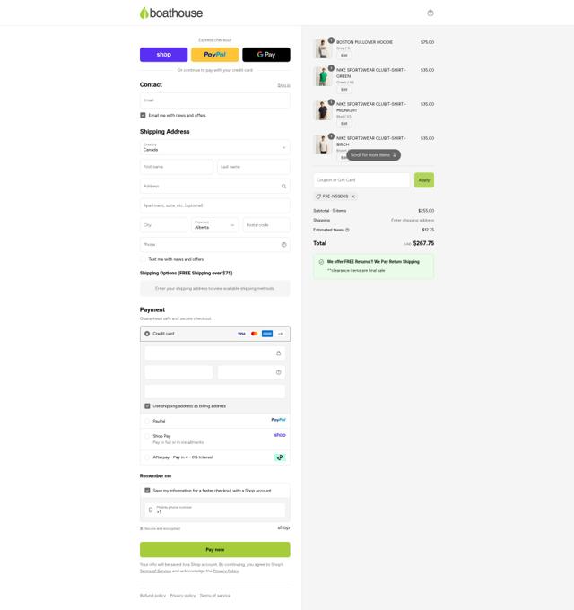 Boathouse checkout page showing Boathouse promo code box | Screenshot taken by SimplyCodes community member on Sep 16, 2025