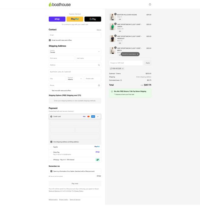 Boathouse checkout page showing Boathouse promo code box | Screenshot taken by SimplyCodes community member on Sep 16, 2025