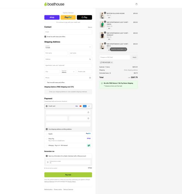 Boathouse checkout page showing Boathouse promo code box | Screenshot taken by SimplyCodes community member on Sep 11, 2025