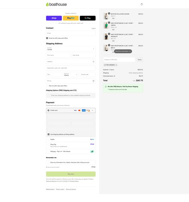 Boathouse checkout page showing Boathouse promo code box | Screenshot taken by SimplyCodes community member on Sep 3, 2025