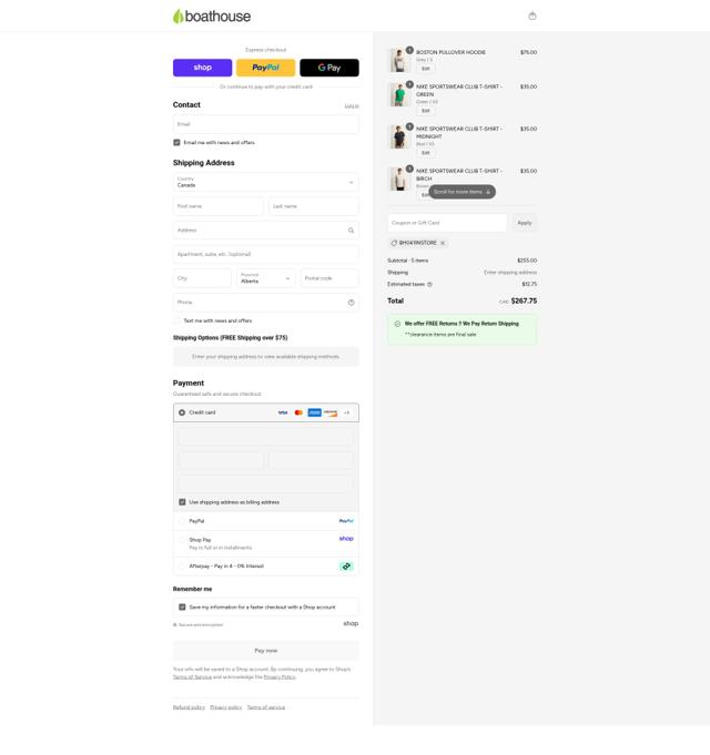 Boathouse checkout page showing Boathouse promo code box | Screenshot taken by SimplyCodes community member on Sep 7, 2025