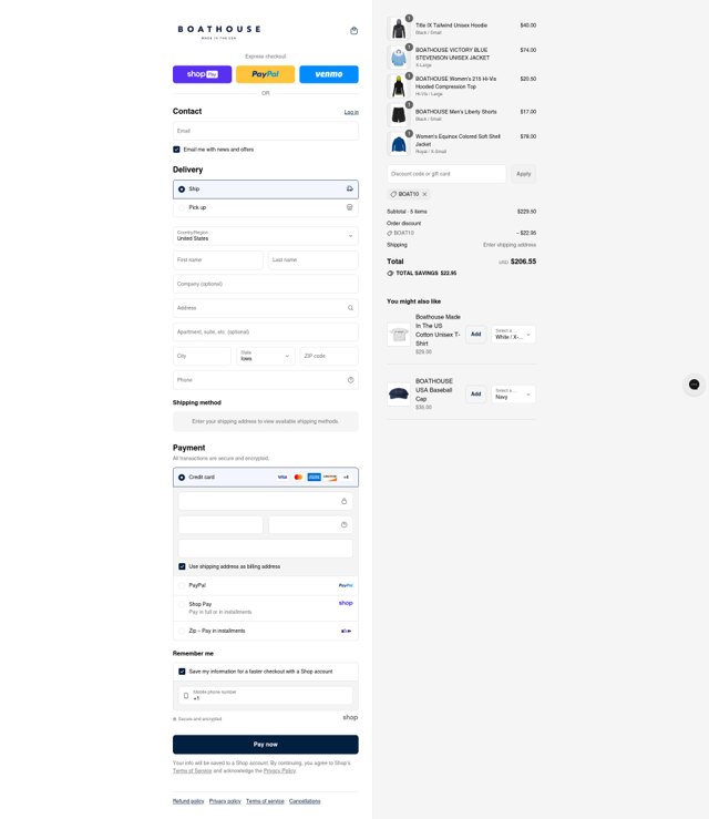 Boathouse Sports checkout page showing Boathouse Sports promo code box | Screenshot taken by SimplyCodes community member on Aug 22, 2025
