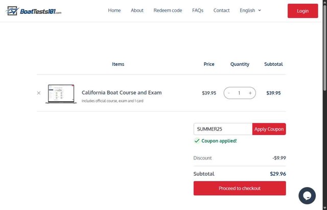 BoatTests101.com checkout page showing BoatTests101.com promo code box | Screenshot taken by SimplyCodes community member on Aug 27, 2025