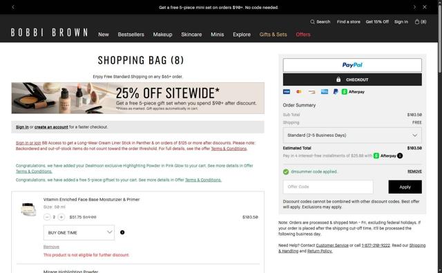 Bobbi Brown checkout page showing Bobbi Brown discount code box | Screenshot taken by SimplyCodes community member on Aug 27, 2025