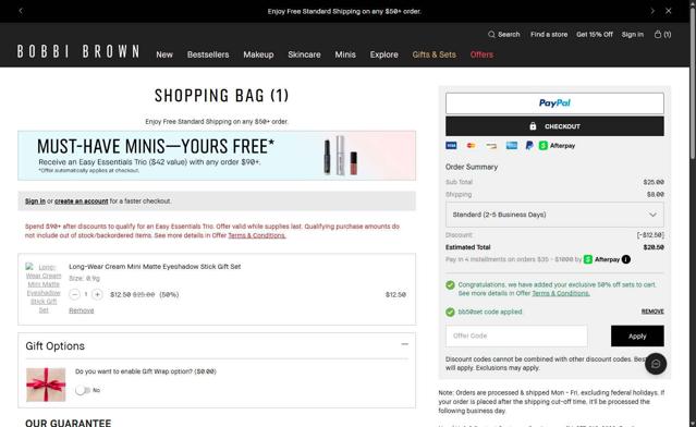 Bobbi Brown checkout page showing Bobbi Brown discount code box | Screenshot taken by SimplyCodes community member on Sep 10, 2025