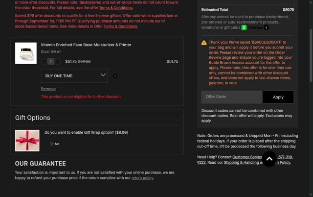 Bobbi Brown checkout page showing Bobbi Brown discount code box | Screenshot taken by SimplyCodes community member on Aug 27, 2025